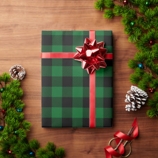 Papel De Presente Floresta de Natal Verde e Xadrez Búfalo Preto