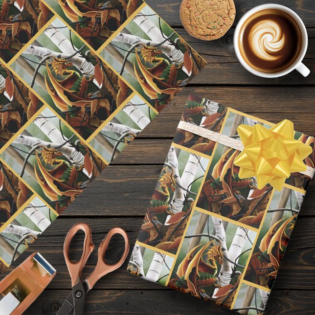 Papel De Presente Floresta de Outono Âmbar Dragão Bétulas Fantasia (Criador carregado)