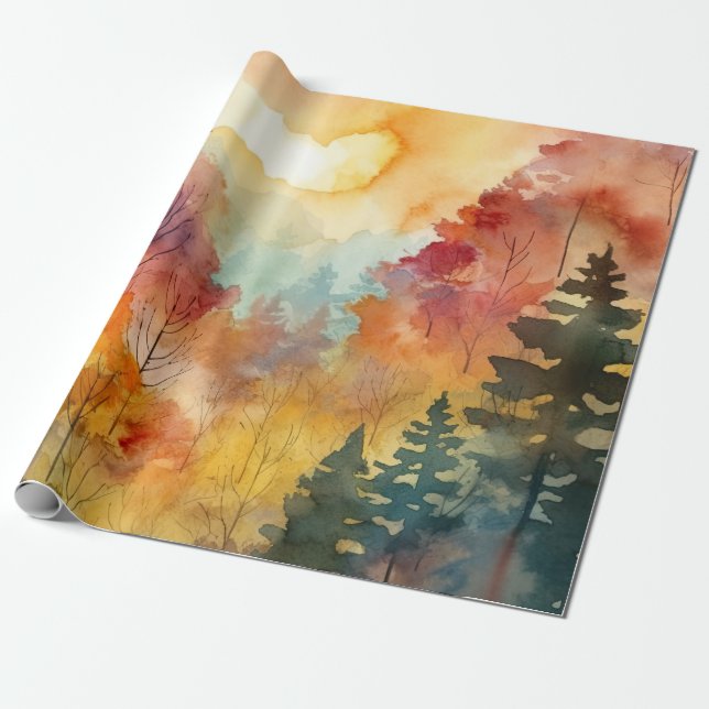 Papel De Presente Floresta de Outono Aquarela Glow (Desenrolado)