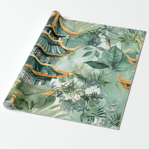 Papel De Presente Floresta de Pagodes Asiáticas Vintage Viagem