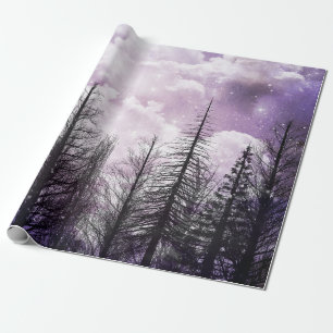 Papel De Presente Floresta de Pinheiro Púrpura de Inverno Nublado