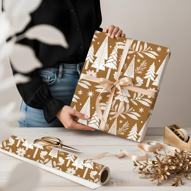 Papel De Presente Floresta Elegante de Luxo Evergreen e Floral (Elegant Luxury Holiday Evergreen Forest & Floral Wrapping Paper)