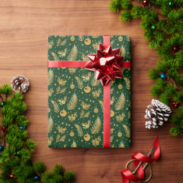 Papel De Presente Floresta Elegante Verde e Dourada Prisão de Natal