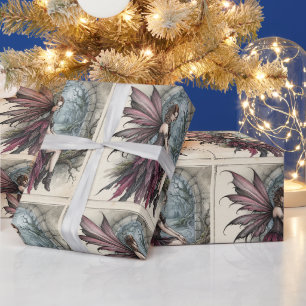 Papel De Presente Floresta Encantada Arte de Fada com Asa Rosa