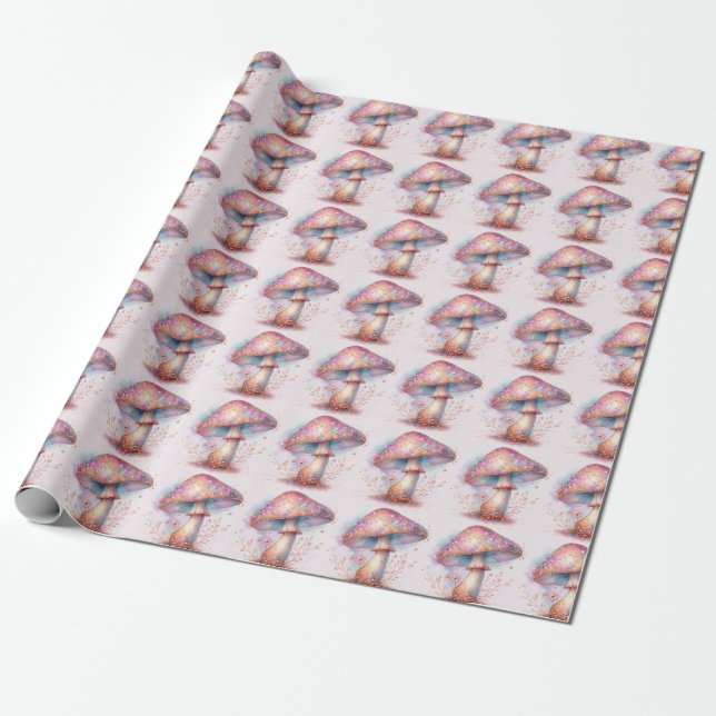 Papel De Presente Floresta Encantada Cogumelos Iridescentes  (Desenrolado)