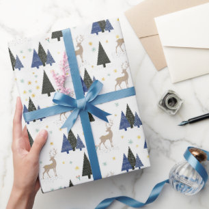 Papel De Presente Floresta Escandinava Cervo e Árvores de Natal