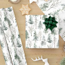 Papel De Presente Floresta Inverna Pinheiros Aquarela Natal