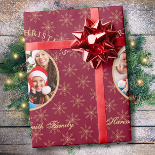 Papel De Presente Floresta Limpa Borgonha Flocos de Neve Natal