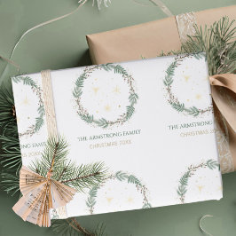 Papel De Presente Floresta Verde Estrelas Douradas Natal Nome da Fam