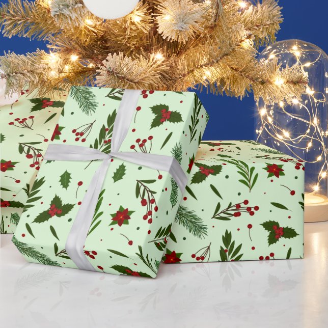 Papel De Presente Florestas de Natal Berries Green Natal (Feriados)