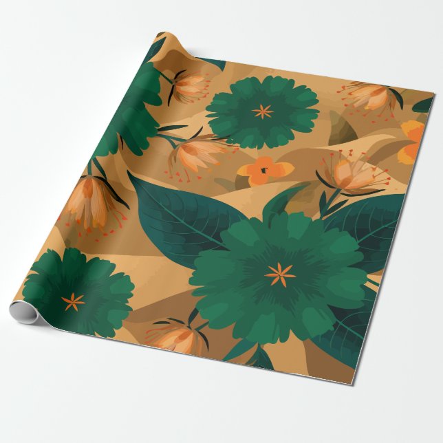 Papel De Presente Florestas verdes e laranja com fundo ouro (Desenrolado)