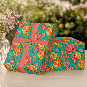 Papel De Presente Florido Floral Vintage Turquesa Rosa