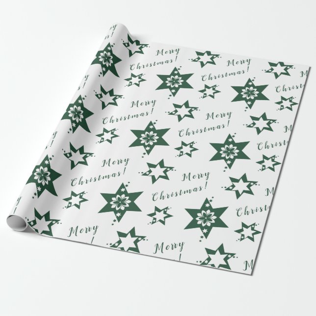 Papel De Presente 🌟 Florist Green Starry Feliz Natal Branco (Desenrolado)