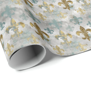 Papel De Presente Fluer de Lis   Azul mole e Dourado