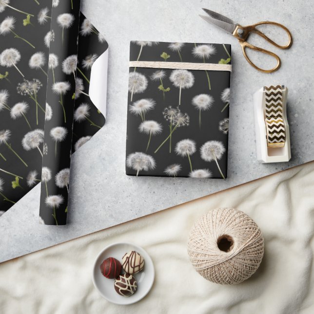 Papel De Presente Fluffy Dandelions Em Preto (Artesanato)