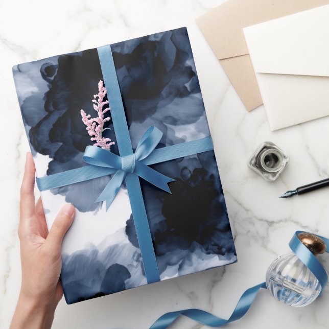 Papel De Presente Fluid Ink Black Indigo Splash Abstract Pattern (Presentear)