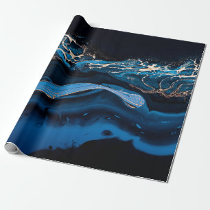Papel De Presente Fluido Arte Líquida Metálico Dourado em azul abstr