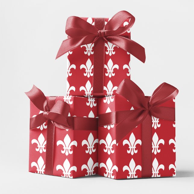 Papel De Presente Flur de Lys, vermelho e branco (Red and White Fleur de Lys Wrapping Paper)