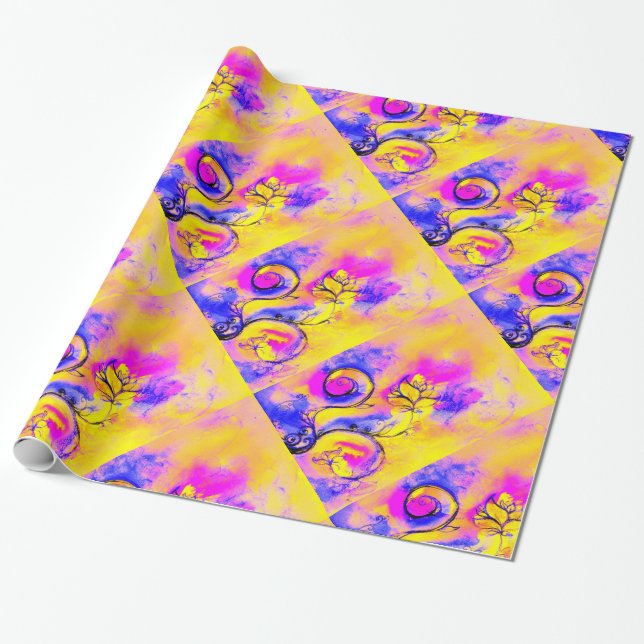 Papel De Presente FLUXAS QUÍMICAS fuchsia cor-de-rosa amarelo alaran (Desenrolado)