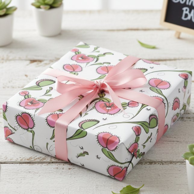 Papel De Presente Flytrapping de Vênus Branco Bonito Preso no Seu Am (Cute Botanical Venus Flytrap Plants Whimsical Kids Wrapping Paper for Valentine's Day & Birthday)