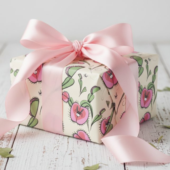 Papel De Presente Flytrapping de Vênus de Creme Bonito Preso no Seu  (Cute Botanical Venus Flytrap Plants Whimsical Kids Wrapping Paper for Valentine's Day & Birthday)