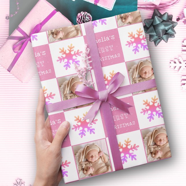 Papel De Presente Fofa Bebê Rosa primeiro Natal Floco de Neve Foto (Criador carregado)