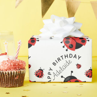Papel De Presente Fofa Feliz Aniversário Vermelho Joaninha Moderna F