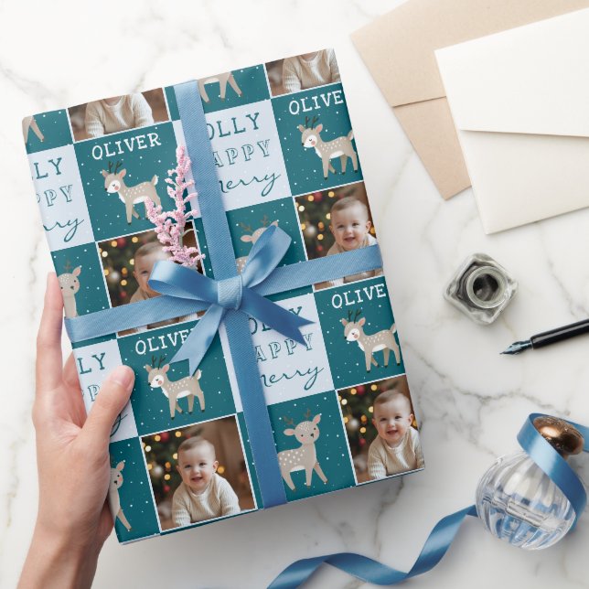 Papel De Presente Fofa Foto Personalizada de Bebê Rena de Natal (Presentear)