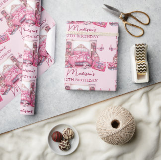 Papel De Presente Fofo-de-Aniversário Rosa Personalizado