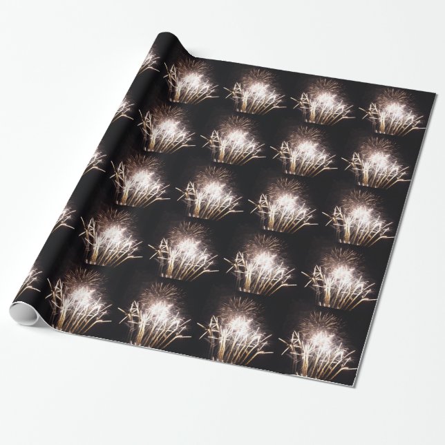 Papel De Presente Fogos de Artifício Brancos e Dourados I Celebração (Desenrolado)