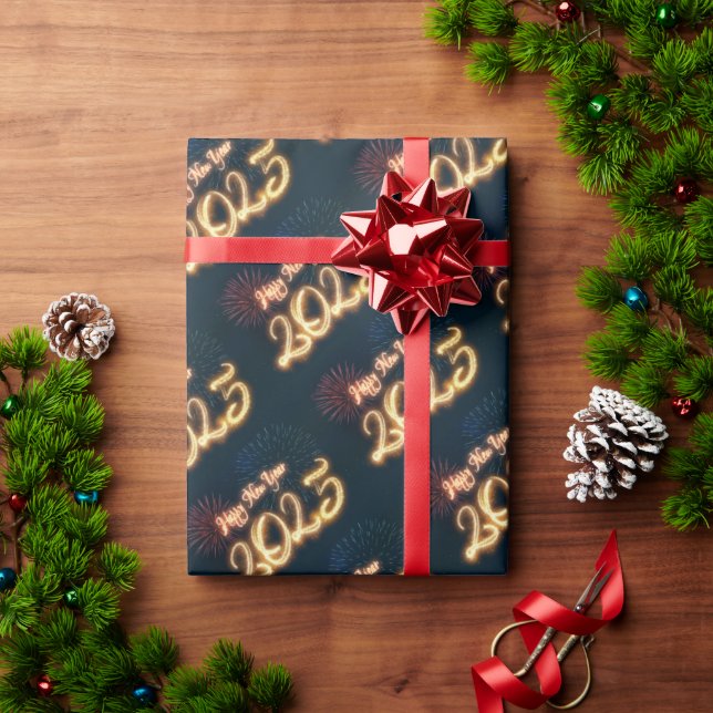 Papel De Presente Fogos de artifício do Feliz ano novo 2025 (Presente de Natal)
