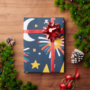 Papel De Presente Fogos de Artifício e Estrelas e Lua em Preto