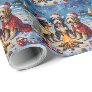 Papel De Presente Fogueira de Natal na Praia com Bernedoodle Férias