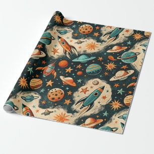 Papel De Presente Foguete Cósmico Retro em Quadrinhos Teal Explosão 