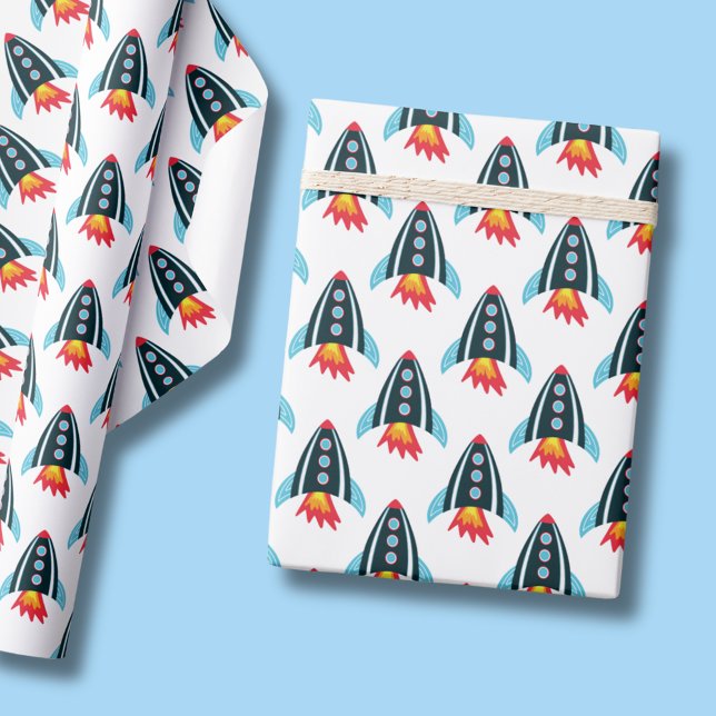 Papel De Presente Foguete espacial (Space themed rocket ship wrapping paper rolls for boys birthday party.)