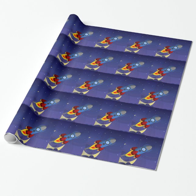 Papel De Presente Foguete Espacial Noturno Infantil (Desenrolado)