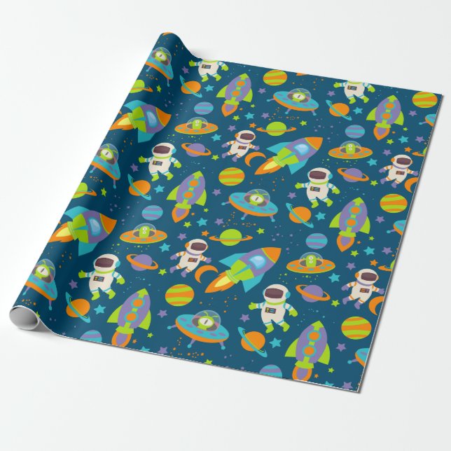 Papel De Presente Foguetes e astronautas espaciais e bonitos (Desenrolado)