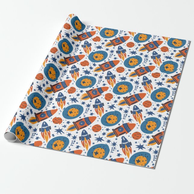 Papel De Presente Foguetes Estrelas e Planetas Laranja e Azul (Desenrolado)
