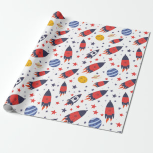 Papel De Presente Foguetes Vermelhos Estrelas e Planetas