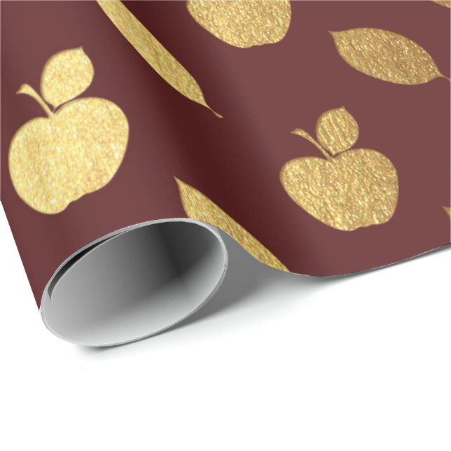 Papel De Presente Folha de Frutas Metálicas de Maçã Dourada Maroon (Ponta do rolo)