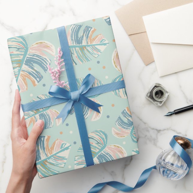 Papel De Presente Folha de Monstera - Turquesa, Verde, Coral, Mostar (Presentear)