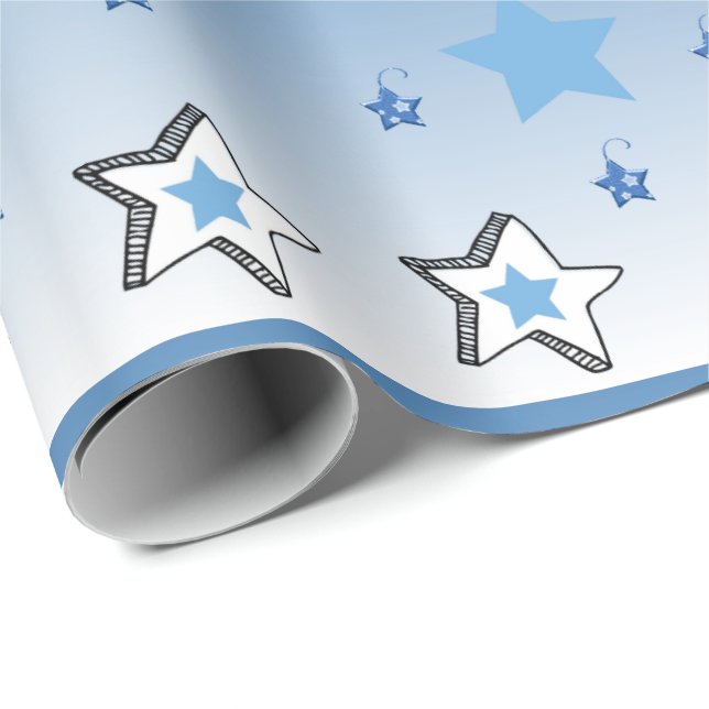 Papel De Presente Folha de Natal Feliz Azul Estrelas Molhando Papel (Ponta do rolo)