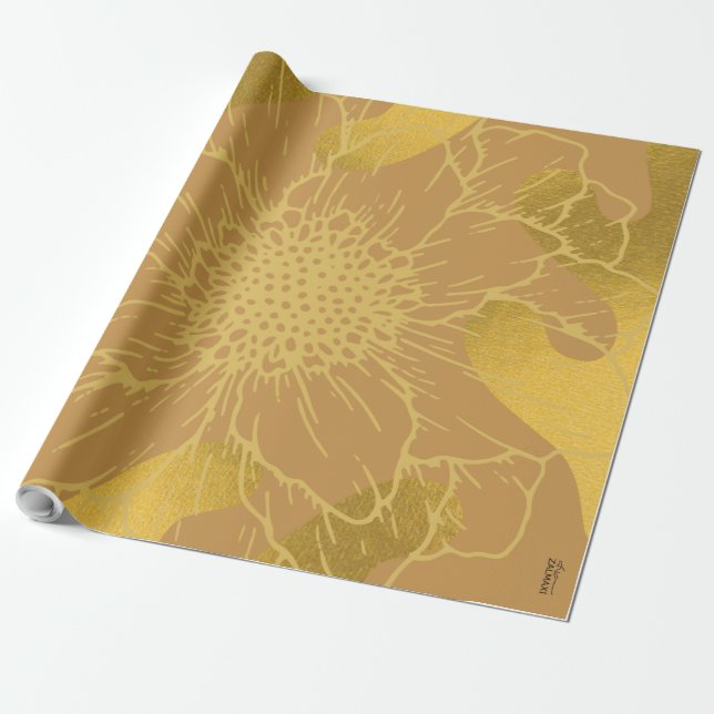 Papel De Presente Folha Dourada Elegante e Fundo Flor (Desenrolado)