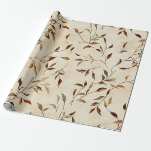 Papel De Presente Folha Prensada de Outono em Ouro Marrom e Oliva