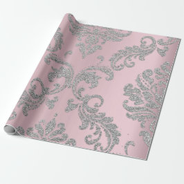 Papel De Presente Folha rosa Damask Pastel Real de Prata Metálica
