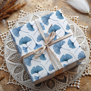 Papel De Presente Folha Tropical de Ginkgo padrão azul e branco