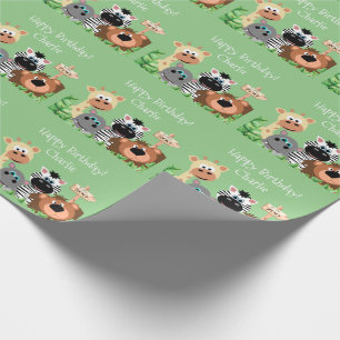 Papel De Presente Folha Verde de Aniversário do Zoo Personalizado