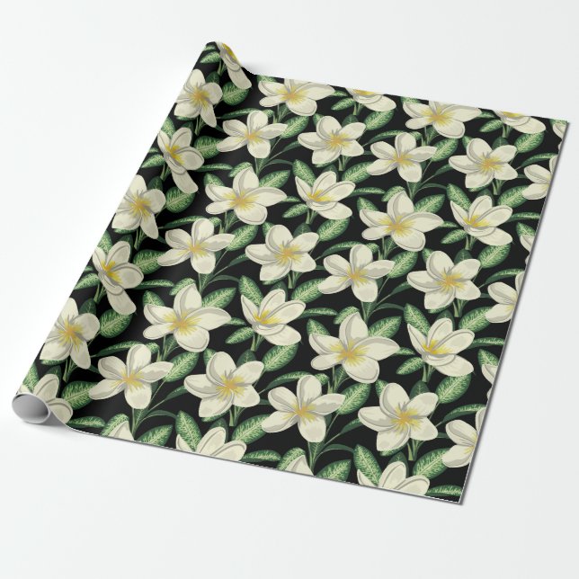 Papel De Presente Folha verde de flores brancas de forma contínua tr (Desenrolado)