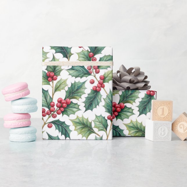 Papel De Presente Folhagem Botânica Azevinho e Cerejas Feriado  (Chá de bebê)