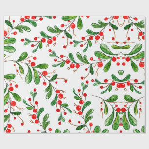 Papel De Presente Folhagem de Bagas de Natal em Aquarela Country